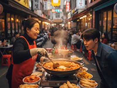 Assiette de tteokbokki au fromage fumante servie sur un étal de rue à Séoul, avec de la mozzarella fondante et une sauce rouge épicée.