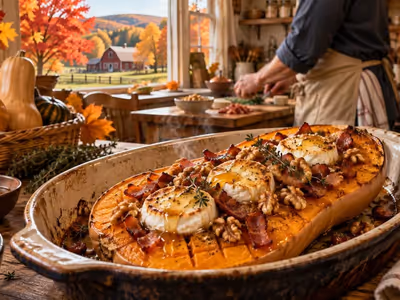Butternut rôtie au chèvre et lardons, une escale d’automne en Nouvelle-Angleterre