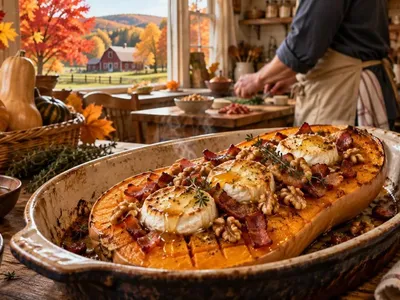 Butternut rôtie au chèvre et lardons, une escale d’automne en Nouvelle-Angleterre