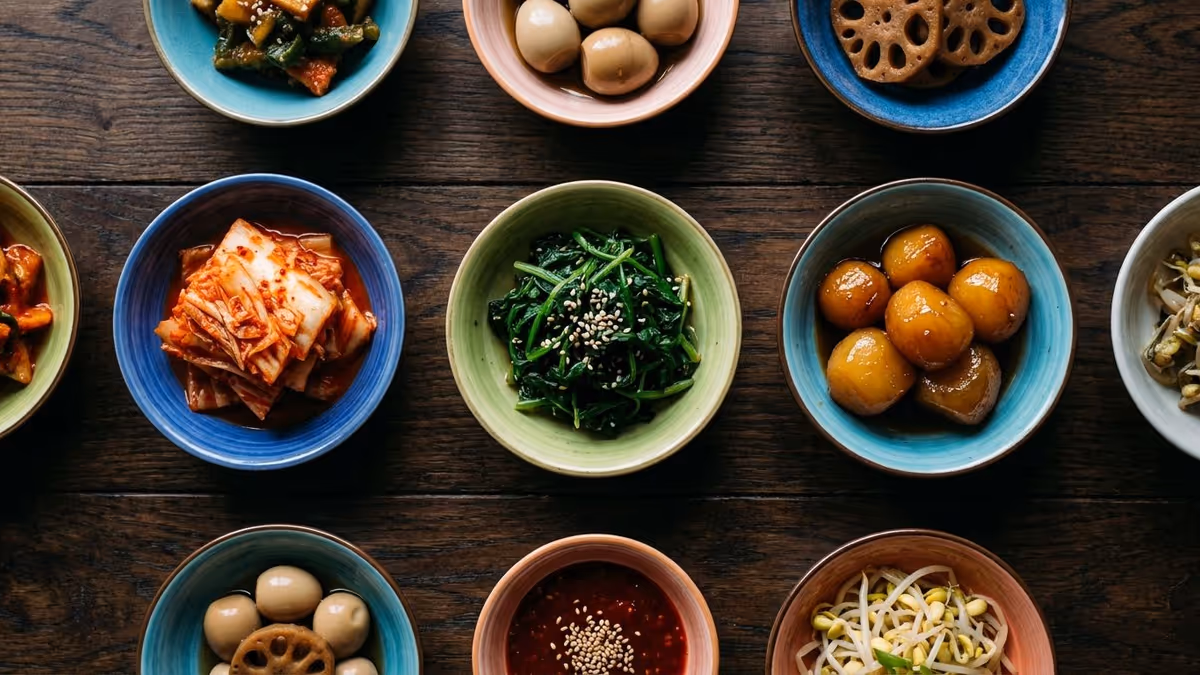 Assortiment traditionnel de banchan coréens disposés sur une table en bois sombre.