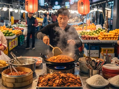 Marchand préparant un riz sauté au kimchi dans un marché coréen, entouré de clients et d’étals de fruits.