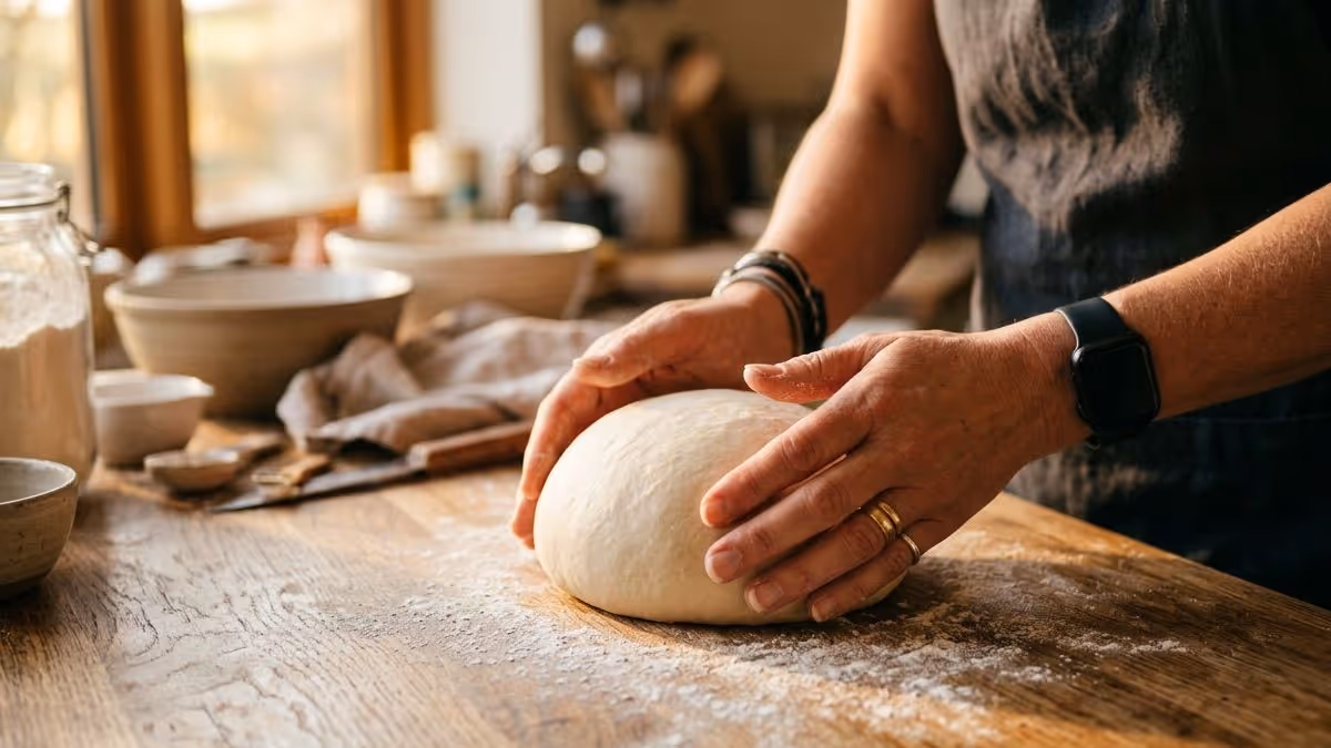 Mains de femme travaillant une pâte lisse et soyeuse sur un comptoir en bois, baignées dans une lumière dorée naturelle.