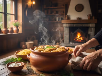 Cocotte traditionnelle en terre cuite remplie de sarmale fumantes, servie sur une table en bois dans une auberge de montagne à Sinaia.