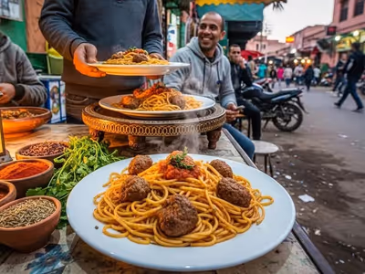 Plats de spaghetti et boulettes de viande, servis dans un marché de rue animé. Épices, lanterne et convives souriants.