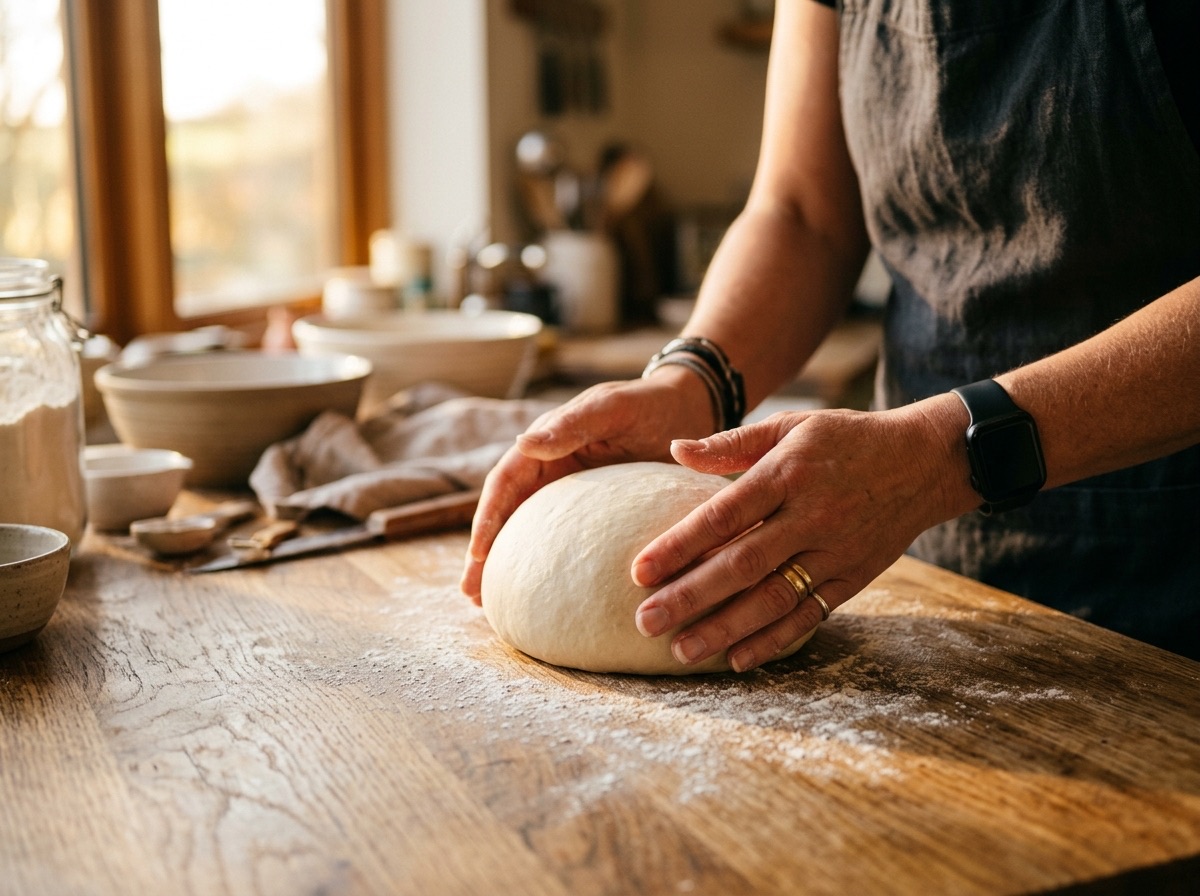 Mains de femme travaillant une pâte lisse et soyeuse sur un comptoir en bois, baignées dans une lumière dorée naturelle.