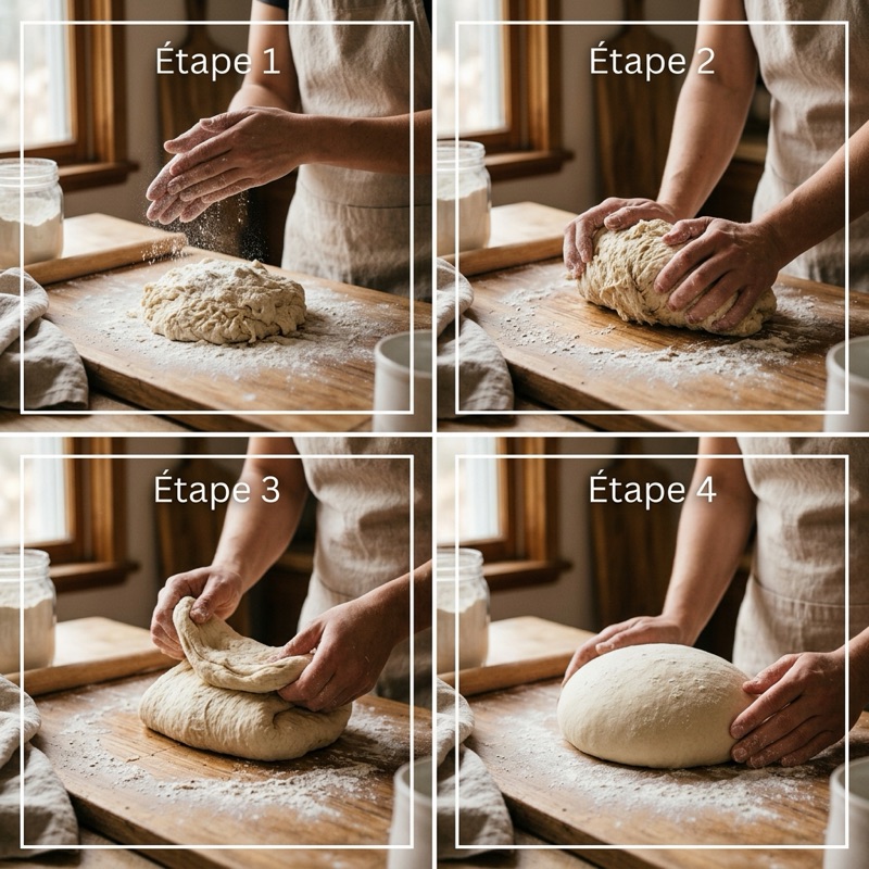 Planche tuto : les 4 étapes du pétrissage classique européen