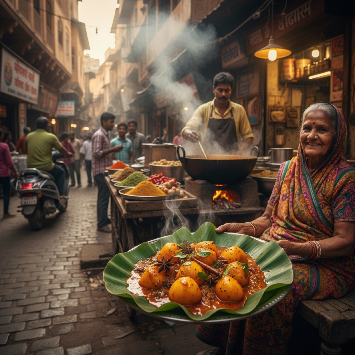 Curry de pommes de terre indien (Aloo Curry) servi dans une ruelle authentique de Jaipur, ambiance street food immersive.